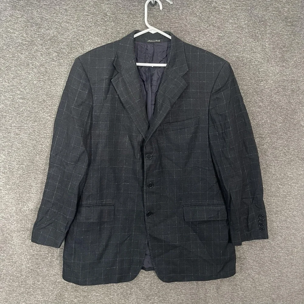 Façonnable‎ Blazer Mens 56 (US 46R) Gray Check Silk Linen Wool Sport Coat Italy